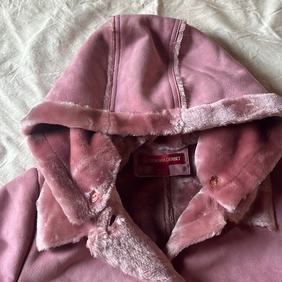 Vintage Gloria Vanderbilt plush faux suede coat hooded rose large - Picture 2 of 13